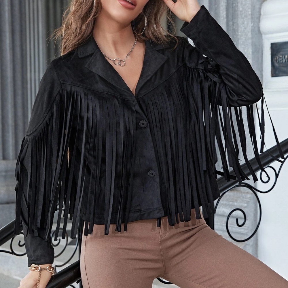 Luxe Vegan Suede Fringe Biker Jacket - Picture 4 of 9
